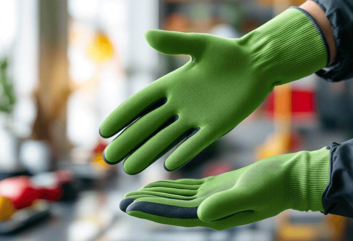 Gants verts portés dans espace de travail moderne
